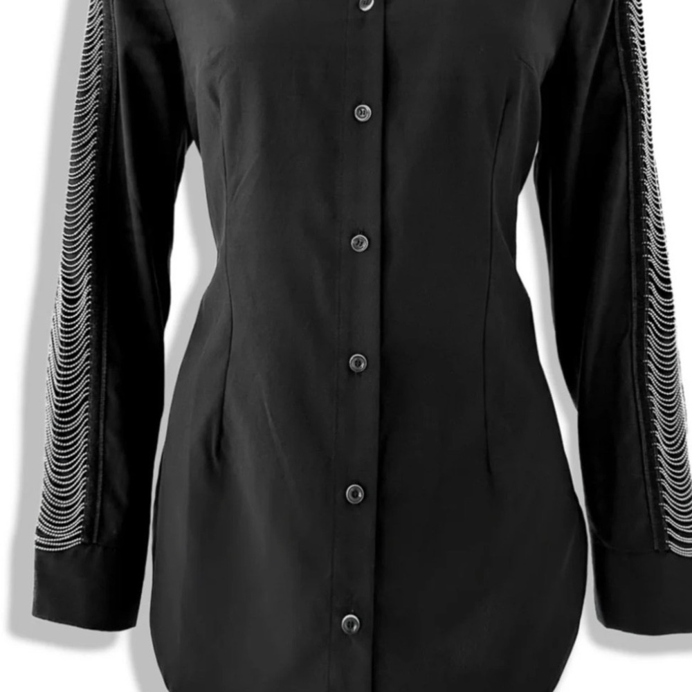Chic Black Button-Down Blouse with Embroidered Sl… - image 1